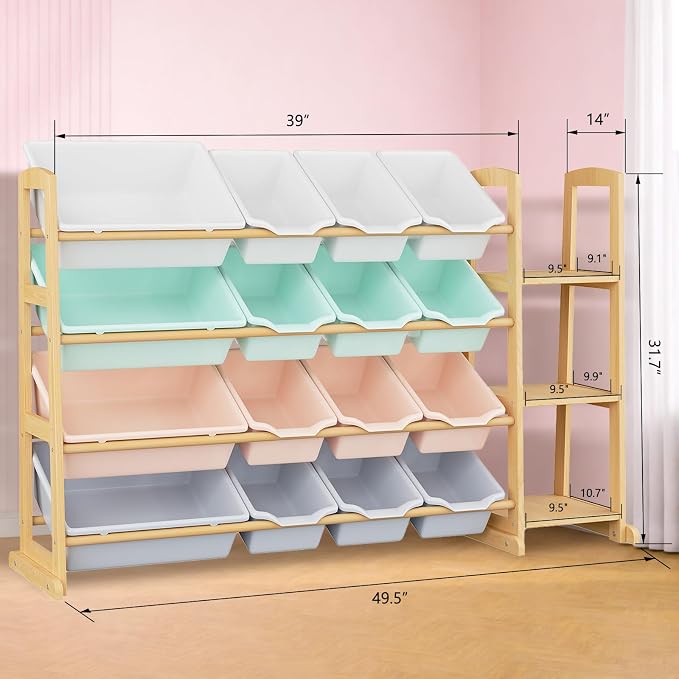 Kids Toy Storage Organizer with Bookshelf – Wooden Shelf with 16 Bins & 3 Shelves, Quick Assembly Storage Rack for Playroom, Bedroom, Nursery– Colorful