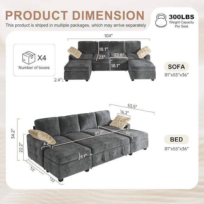 Hanherry 104" Sectional Couch with Pull Out Sofa Bed,Chenille Sleeper Sofa with Storage Ottoman & USB Charging,Comfy U Shaped Modular Couches for Living Room,Apartment