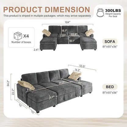Hanherry 104" Sectional Couch with Pull Out Sofa Bed,Chenille Sleeper Sofa with Storage Ottoman & USB Charging,Comfy U Shaped Modular Couches for Living Room,Apartment
