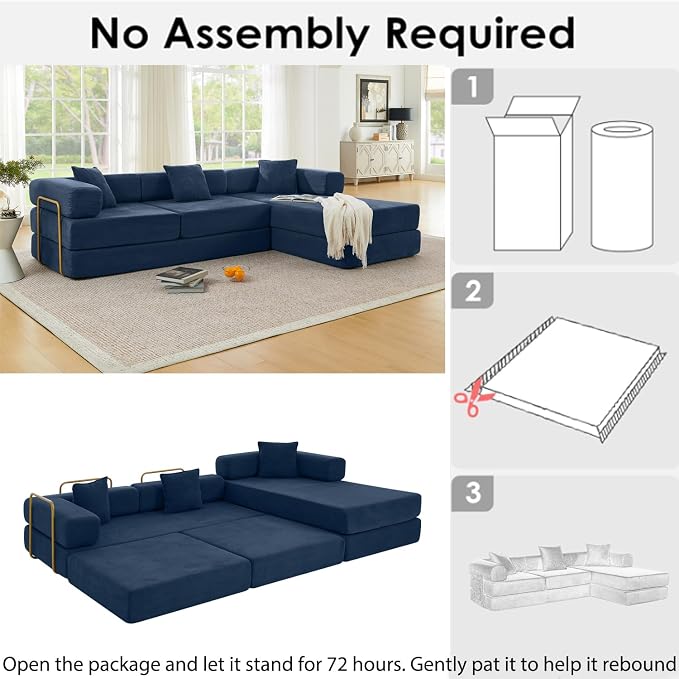 HANXIN 108 Inch Convertible Sleeper Sofa Bed, Folding Floor Mattress Couch with Fixed-Shape Frame, Futon Boneless Couch Lounge Loveseat with Pull Out Bed, No Assembly Required (Blue)