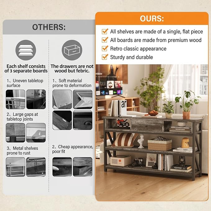 Mexin 47 Inch Console Sofa Table with Drawer, Industrial Entryway Table with Storage Shelves, Storage Organizer for Hallway Living Room Couch Foyer Kitchen Counter, Grey Oak