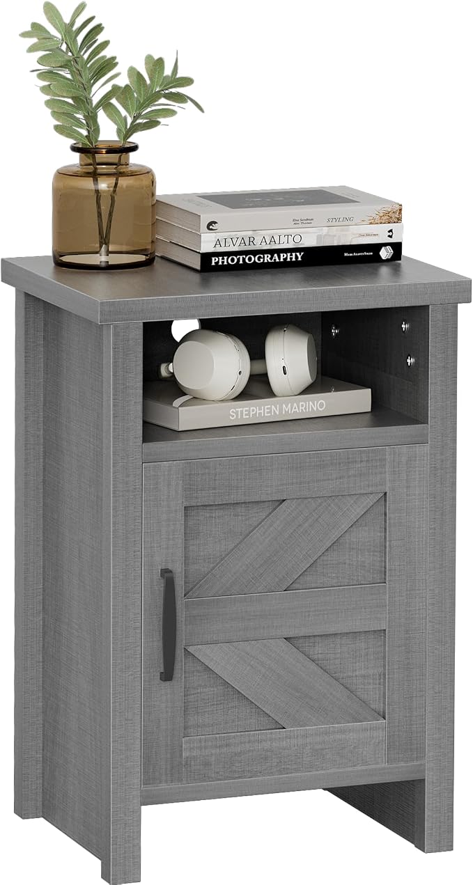 YESHOMY Farmhouse Modern Nightstand with Shelf and Barn Door, Set of 1 for Bedroom, Gray