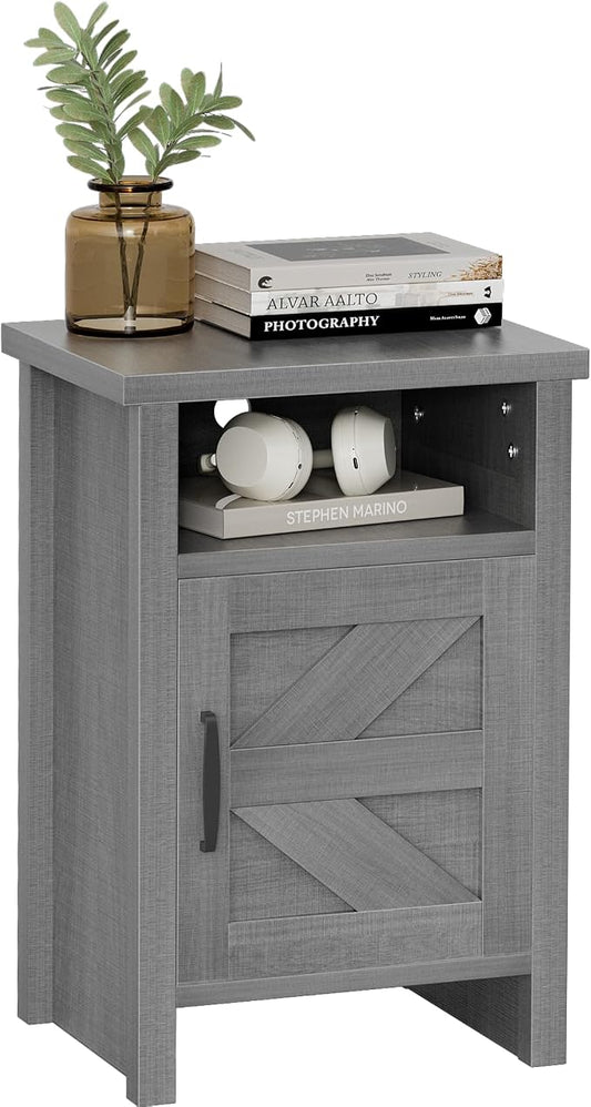 YESHOMY Farmhouse Modern Nightstand with Shelf and Barn Door, Set of 1 for Bedroom, Gray