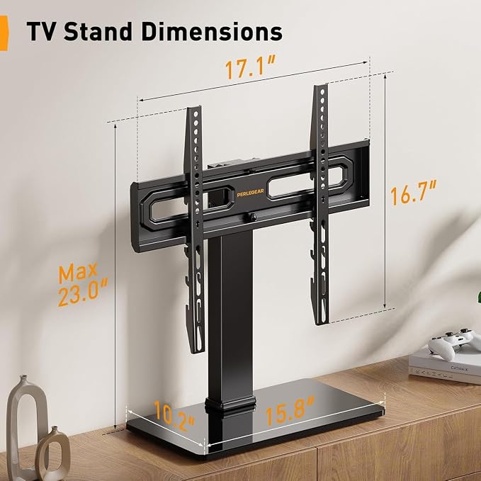 Perlegear Table Top TV Stand Mount, Universal Swivel TV Stand for 32–60,65 Inch LCD/LED/OLED TVs up to 88 lbs with Tempered Glass Base, Height Adjustable TV Base with Tilt, Max VESA 400x400mm