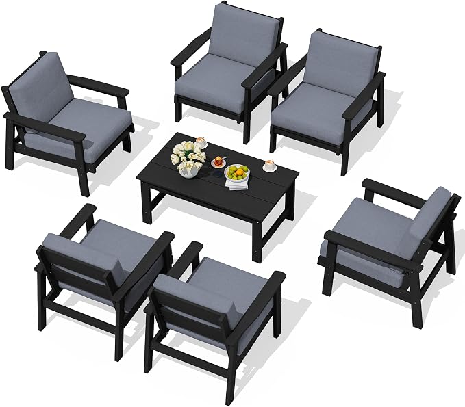 SERWALL HDPE Outdoor Furniture Set, 7 Piece All Weather Wood-Like Outdoor Sofa Sectional Couch, Black Patio Furniture Set with Grey Cushions