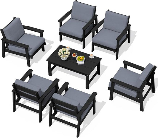 SERWALL HDPE Outdoor Furniture Set, 7 Piece All Weather Wood-Like Outdoor Sofa Sectional Couch, Black Patio Furniture Set with Grey Cushions