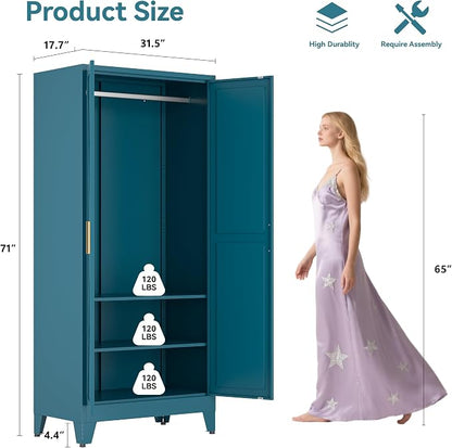 Metal Wardrobe Closet with Doors and Shelves, 71" Farmhouse Bedroom Armoire with Hanger Rod and Clothing Shelf, White Steel Wardrobe Cabinet Storage Clothes Closet