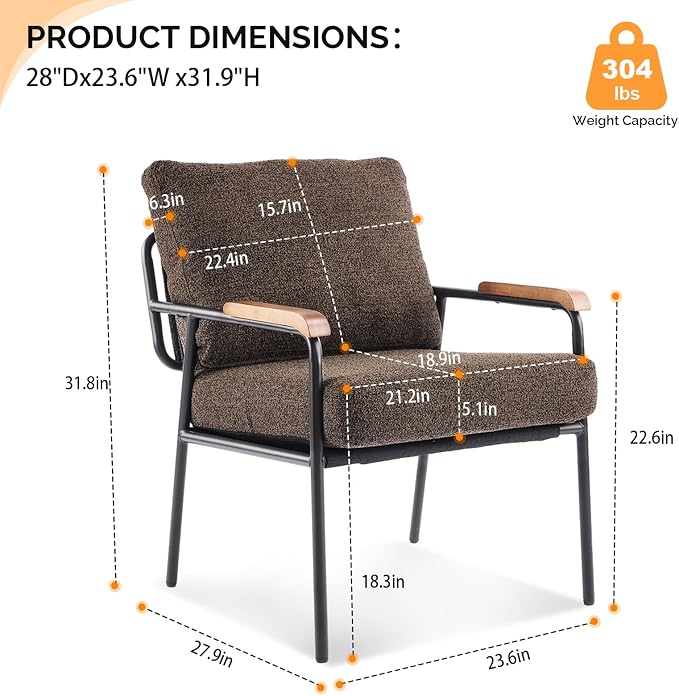 VINGLI Mid-Century Modern Accent Armchiar for Small Space, Small Comfy Upholstered Leisure Reading Chair with Wood Armrest for Bedroom, Living Room, Waiting Room, Linen Expresso