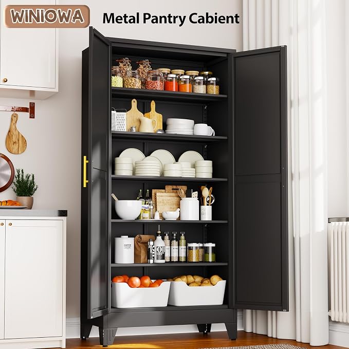 winiowa Tall Metal Kitchen Pantry Storage Cabinet with 2 Doors and 5 Adjustable Shelves - 75.2" Kitchen Cabinet with Gold Handles for Kitchen, Bathroom, Dining Room, Living Room - Black