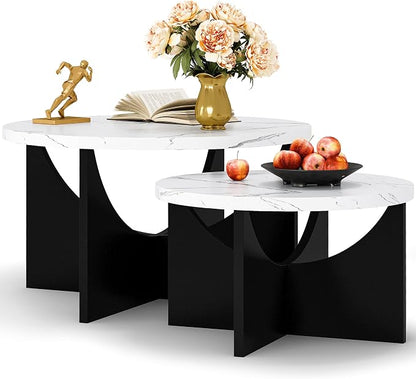 LIKIMIO Nesting Coffee Tables Set of 2, 31.5" Round Side Tables for Living Room, Wooden End Table, Marble