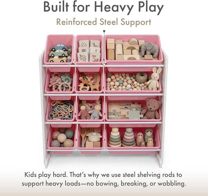 Humble Crew Toy Storage Organizer with 12 Removable Storage Bins for Kids Playroom, 4-Tier Toddler Toy Organization, White/Pink