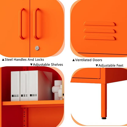 Metal Storage Cabinet with Lock and Adjustable Shelves, Freestanding Pantry Cabinet, Durable Metal 3-Door Storage Sideboard for Home Office Kitchen Orange 32" H X 47.3" W X 13.8" D
