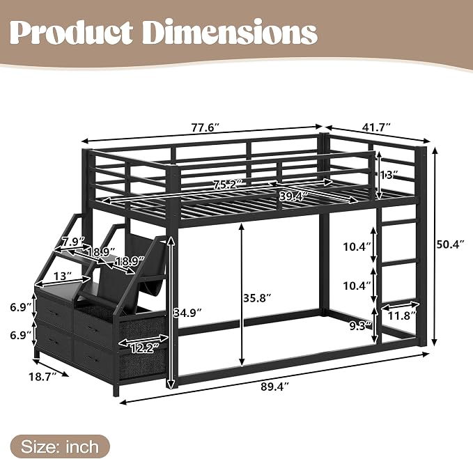 Bellemave Twin Over Twin Bunk Bed with Storage Shelves & 4 Drawers,Heavy Duty Metal Bunk Bed for Teens with LED Lights, Low Bunk Beds for Kids with Guardrails & Ladder, No Box Spring Needed, Black