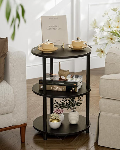 XBurmo Small Round End Table - 3 Tier Design Accent Table, Narrow Side or Bedside Stand, Industrial Vintage Nightstand for Bedroom, Living Room, or Small Spaces, Set of 2, Charcoal Wenge