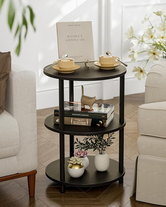 XBurmo Small Round End Table - 3 Tier Design Accent Table, Narrow Side or Bedside Stand, Industrial Vintage Nightstand for Bedroom, Living Room, or Small Spaces, Set of 2, Charcoal Wenge