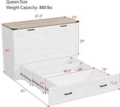 Bellemave Queen Size Murphy Bed with Charging Station and Storage, Farmhouse Murphy bedframe with Foldable Panel, Noisy Free, for Guest Bedroom, Living Room, Office, White