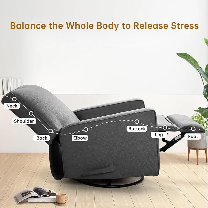Manual Rocker Recliner Chair for Adults, High Back Glider with Deep Seat, Upholstered Fabric Armchair for Living Room & Nursery (Charcoal Linen)