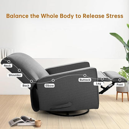 Manual Rocker Recliner Chair for Adults, High Back Glider with Deep Seat, Upholstered Fabric Armchair for Living Room & Nursery (Charcoal Linen)
