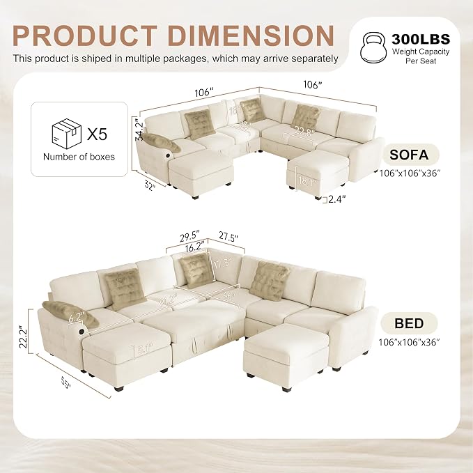 Hanherry 106" Sectional Sofa with Pull Out Couch Bed,7 Seat Corduroy Sleeper Sofa with 2 Seat Storage & USB Charging,Storage Ottoman,Comfy Modular Couches for Living Room,Apartment