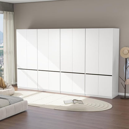 Bedroom Armoire Wardrobe Closet with 8 Doors: 75" White Wardrobe Cabinet for Clothes, Wooden Closet with Hanging Rod, Modern Armoire with Shelves (4)