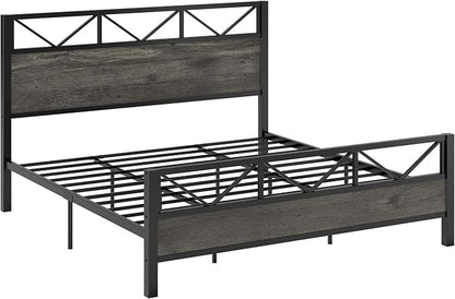 LIKIMIO California King Bed Frame, Tall Industrial Headboard 51.1 ", Platform Bed Frame with Strong Metal Support, Solid and Stable, Noise Free, No Box Spring Needed, Easy Assembly, Charcoal Grey