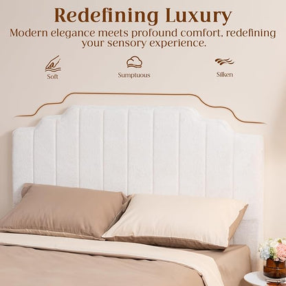 Twin Headboard Only - Beige Velvet Upholstered Headboard for Bed, No Assembly Required, Pure Sponge Design, Comfort Head Board, Place Between Bed & Wall, Vertical Stripe with Stepped Crown Top Edge