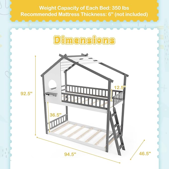 Giantex Bunk Bed Twin Over Twin, Solid Wood Floor Bunk Bed with Ladder & Full-Length Guardrails, House Shaped Bunk Beds for Kids, Girls, Boys, Dormitory and Bedroom, No Box Spring Needed