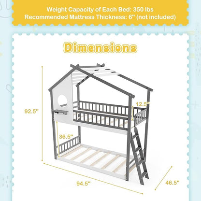 Giantex Bunk Bed Twin Over Twin, Solid Wood Floor Bunk Bed with Ladder & Full-Length Guardrails, House Shaped Bunk Beds for Kids, Girls, Boys, Dormitory and Bedroom, No Box Spring Needed