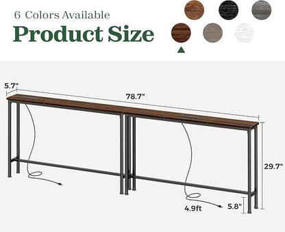 SUPERJARE 78.8 inch Narrow Console Table with Outlet, Sofa Tables, Behind Couch Table, Long Entryway Tables with Charging Station, for Living Room, Walnut