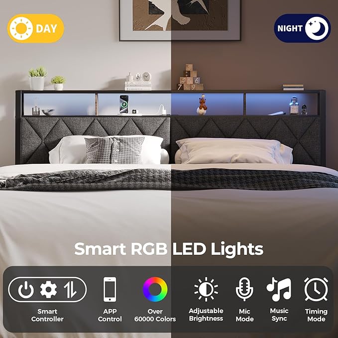 Queen Headboard Only, Headboard for Queen Size Bed with Storage, Upholstered Headboards with LED Lights & Charging Station, Attach Frame, Ideal for Bedroom/Dorm/Guest Room, Dark Grey & Brown
