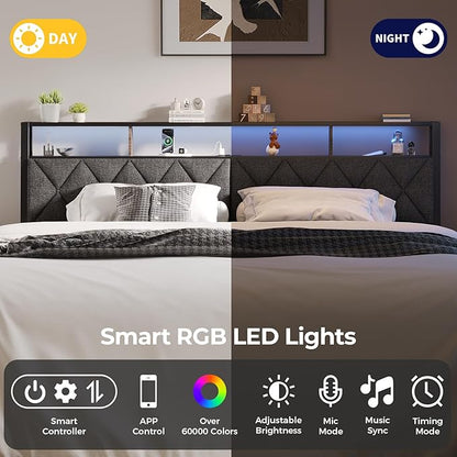Queen Headboard Only, Headboard for Queen Size Bed with Storage, Upholstered Headboards with LED Lights & Charging Station, Attach Frame, Ideal for Bedroom/Dorm/Guest Room, Dark Grey & Brown