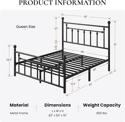 SHA CERLIN 14" Queen Size Metal Platform Bed Frame/Victorian Headboard and Footboard/Steel Slats Mattress Foundation for Storage/No Box Spring Needed/Noise Free/Black