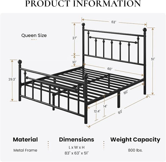 SHA CERLIN 14" Queen Size Metal Platform Bed Frame/Victorian Headboard and Footboard/Steel Slats Mattress Foundation for Storage/No Box Spring Needed/Noise Free/Black