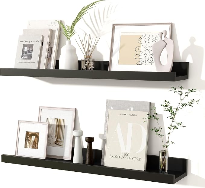 Fun Memories Picture Ledge Shelves Set of 2, 24 Inch Rustic Wall Mounted Floating Shelves with Lip for Home Storage and Décor in Bathroom, Kitchen, Nursery, Bedroom, Living Room, Black