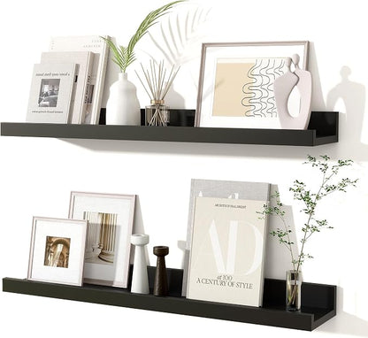 Fun Memories Picture Ledge Shelves Set of 2, 24 Inch Rustic Wall Mounted Floating Shelves with Lip for Home Storage and Décor in Bathroom, Kitchen, Nursery, Bedroom, Living Room, Black