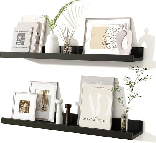 Fun Memories Picture Ledge Shelves Set of 2, 24 Inch Rustic Wall Mounted Floating Shelves with Lip for Home Storage and Décor in Bathroom, Kitchen, Nursery, Bedroom, Living Room, Black