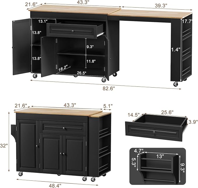 Expandable Kitchen Island with Storage Drawer and Wheels, Black | Rubberwood top expands 48.4"-82.6". Spacious drawer, 2 cabinets, 2 shelves, spice rack & towel bar. Lockable casters.