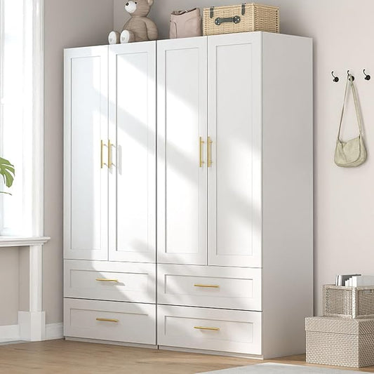 White Wardrobe with 4 Doors: 75" Tall Armoire Wardrobe Closet with 4 Drawers, Bedroom Closet Cabinet for Hanging Clothes, Wooden Storage Armoire with Shelves (Contemporary, 2)