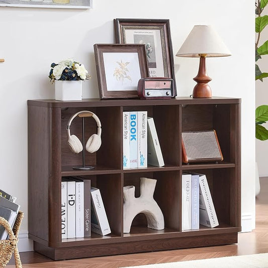 Joaxswe 6 Cube Bookcase, 40" Wide Low Horizontal Book Shelf w/Curved Edge, Wood Floor Standing 2-Tier Bookshelf with Base, Modern Short Storage Organizer for Bedroom,Office, Walnut