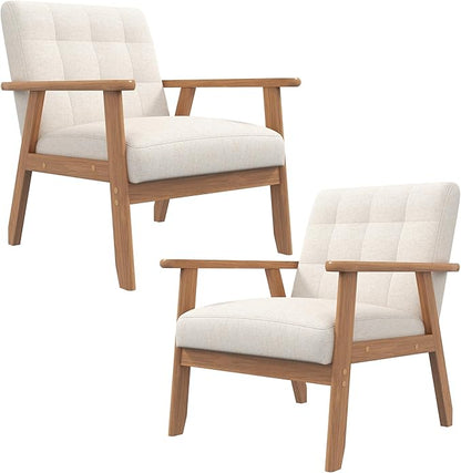 Mid-Century Accent Chairs Set of 2, Solid Wood for Living Room, Beige Linen | Relaxing Arm Chair with Soft Thicken Cushion, Comfy Reading Chair for Bedroom, Balcony, Natural Legs, Easy to Setup