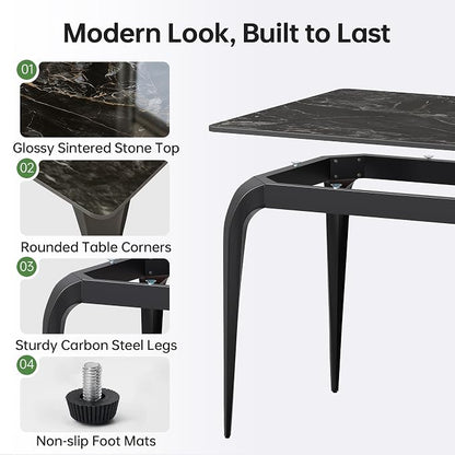 59" Black Rectangular Sintered Stone Dinner Table | Fits Modern and Farmhouse Style for Indoor,Outdoor,Kitchen,Apartment,Small Space,Picnic Use，Household Dinner Table