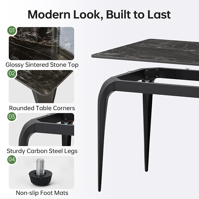 55" Black Rectangular Sintered Stone Dinner Table | Fits Modern and Farmhouse Style for Indoor,Outdoor,Kitchen,Apartment,Small Space,Picnic Use，Household Dinner Table