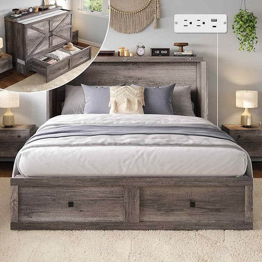 LUXOAK Murphy Bed Queen Size, Cabinet Bed with Charging Station Large Storage Drawer for Home Office or Small Room, Hideaway Bed Full Foldable Platform Bed, Rustic Grey