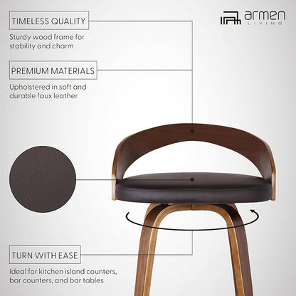 Armen Living Sonia 26" Counter Height Swivel Brown Faux Leather and Walnut Wood Bar Stool - Set of 4