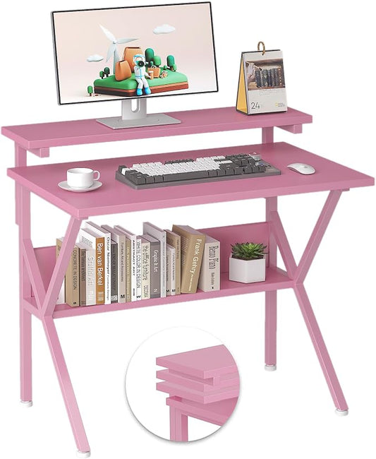 COTUBLR Small Desk, 27.5 Inch Small Computer Desk for Spaces, Computer Desks with Adjustable Monitor Stand, Compact Desks with Storage, Tiny Study Table for Bedroom Home Office, Pink