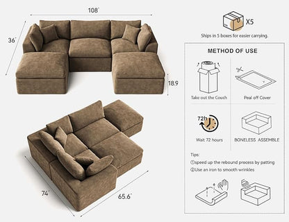 Cloud Sectional Couches for Living Room | 108 Inch U-Shaped Boneless Couch with Ottoman | Brown Modular Sectionals Sofa Couch