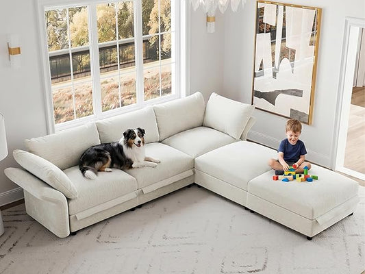 DreamDashio 5-Seat V-Shaped Sectional Sofa, Oversized Extra Wide Deep Seat Detachable Modular Cloud Couch, Certified Chenille Fabric with Storage & Adjustable Arms, for Living Room, Beige