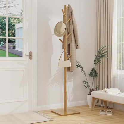 Coat Rack Freestanding with Stable Square Base for Cloathes, Hat, Used in Bedroom, Office and Entryway, Sturdy and Easy Assembly Coat Tree with 3 Adjustable Sizes and 8 Hooks, Natural