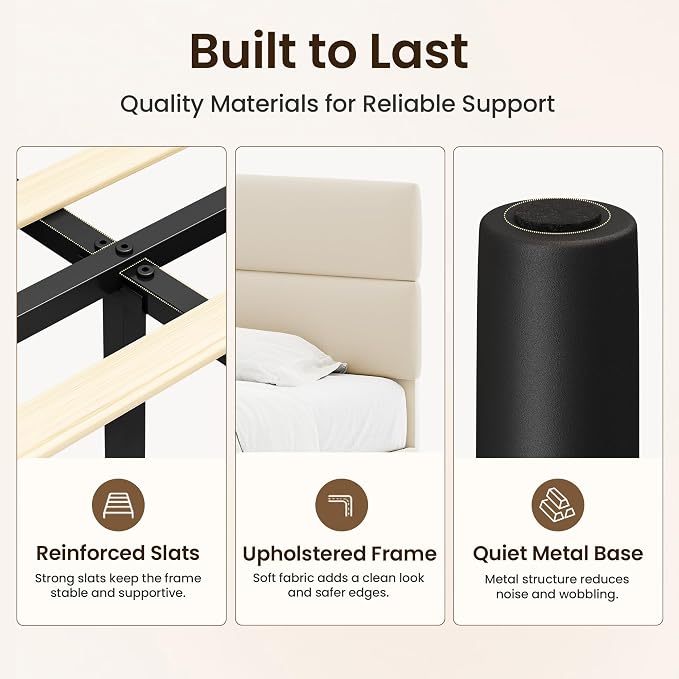 GRUSIGN King Size Platform Bed Frame with Velvet Headboard, Adjustable Height Wooden Slats Support, Upholstered Mattress Foundation, Fits Mattress or Mattress with Box Spring, Easy Assembly, Beige