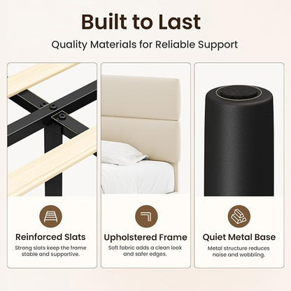 GRUSIGN King Size Platform Bed Frame with Velvet Headboard, Adjustable Height Wooden Slats Support, Upholstered Mattress Foundation, Fits Mattress or Mattress with Box Spring, Easy Assembly, Beige
